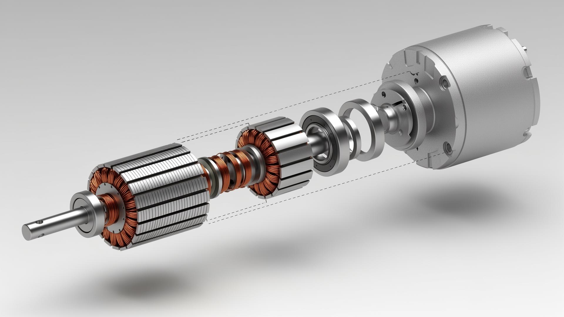 Exploded isometric CAD render of a brushless DC motor showing rotor, wound stator, bearings, and housing along the shaft axis