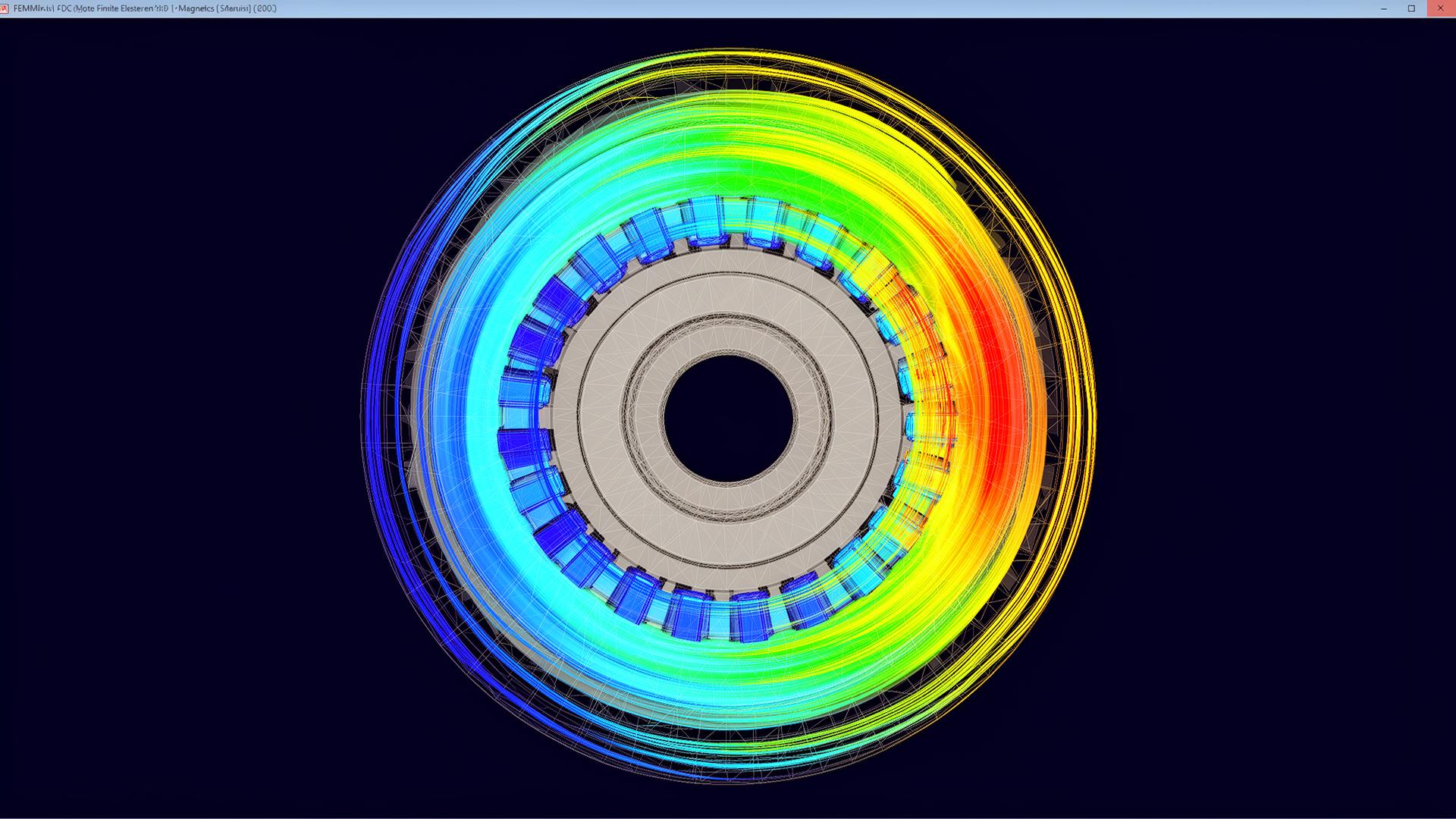 FEMM 2D magnetostatic simulation of a brushless motor cross-section showing flux density and field lines
