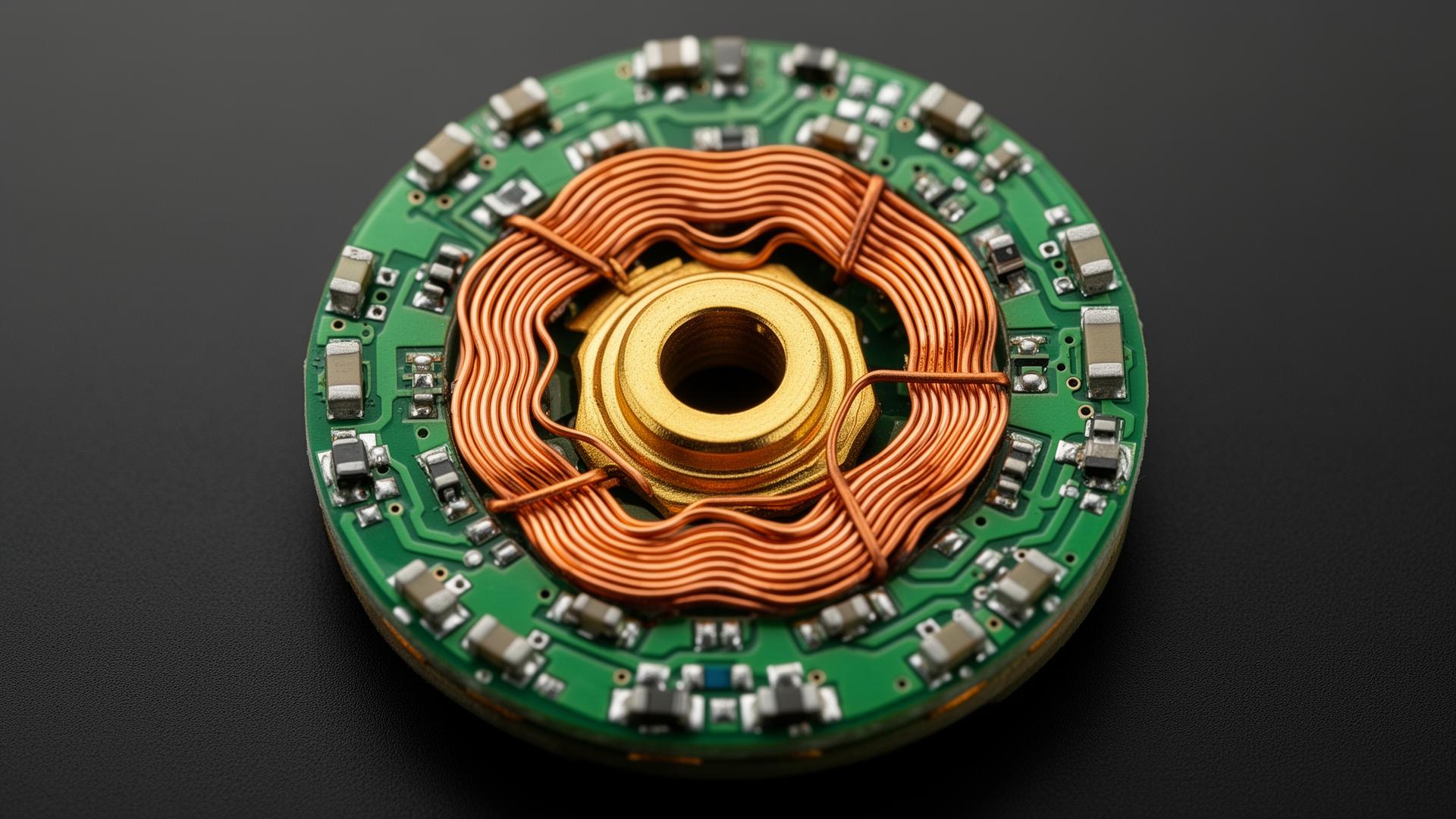 Macro photograph of a multi-layer PCB stator showing spiral copper coil traces around a central hub